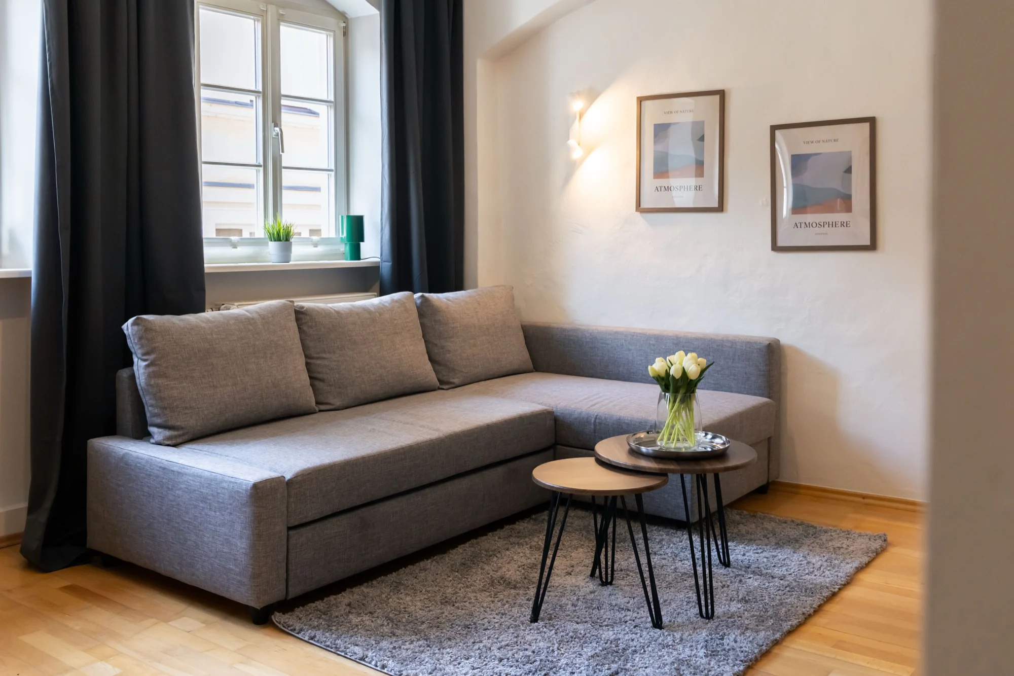 Wohnzimmer einer betreuten Ferienwohnung in Bamberg mit heller Couch