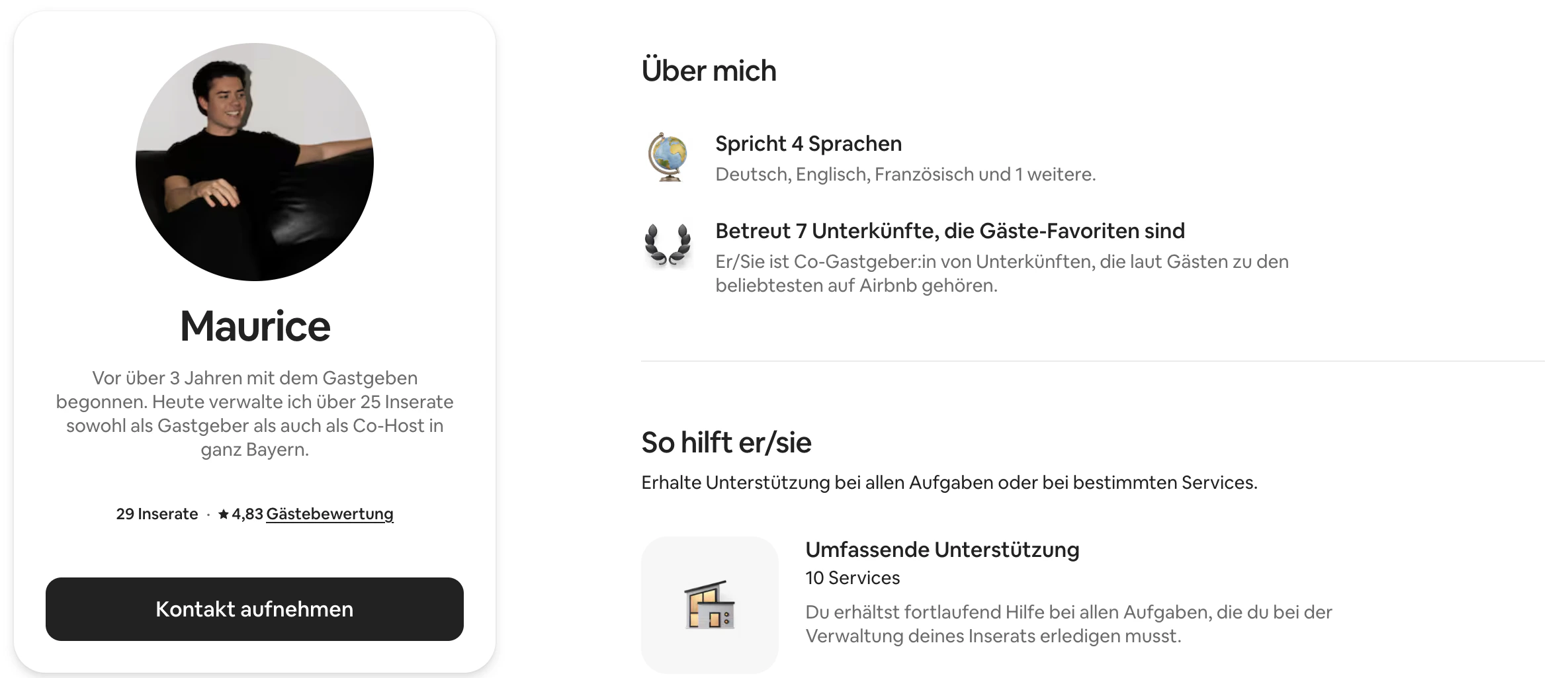 Airbnb Co-Host-Profil von Maurice Räder mit 29 Inseraten und 4,83 Sternen Gästebewertung